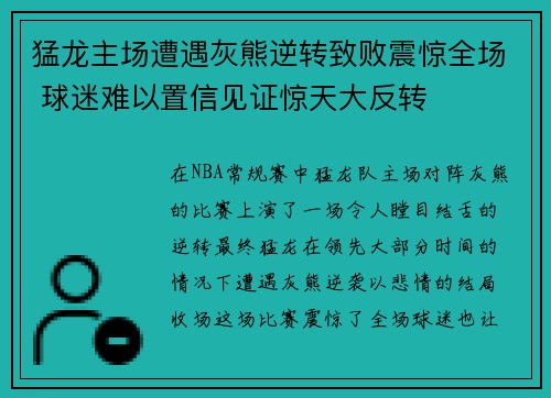 猛龙主场遭遇灰熊逆转致败震惊全场 球迷难以置信见证惊天大反转