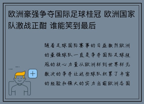 欧洲豪强争夺国际足球桂冠 欧洲国家队激战正酣 谁能笑到最后