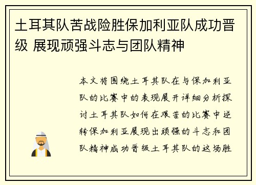 土耳其队苦战险胜保加利亚队成功晋级 展现顽强斗志与团队精神