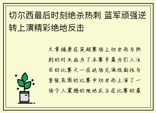 切尔西最后时刻绝杀热刺 蓝军顽强逆转上演精彩绝地反击