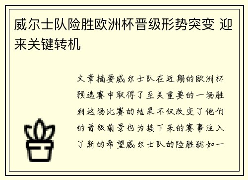 威尔士队险胜欧洲杯晋级形势突变 迎来关键转机