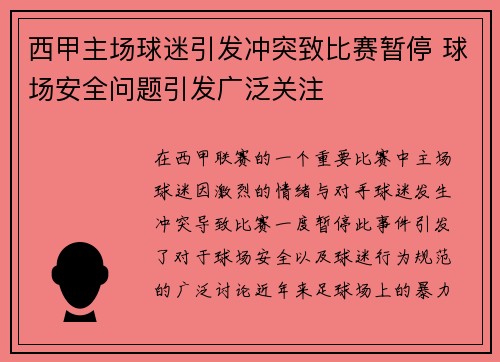 西甲主场球迷引发冲突致比赛暂停 球场安全问题引发广泛关注