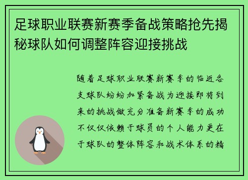 足球职业联赛新赛季备战策略抢先揭秘球队如何调整阵容迎接挑战