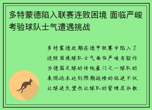 多特蒙德陷入联赛连败困境 面临严峻考验球队士气遭遇挑战