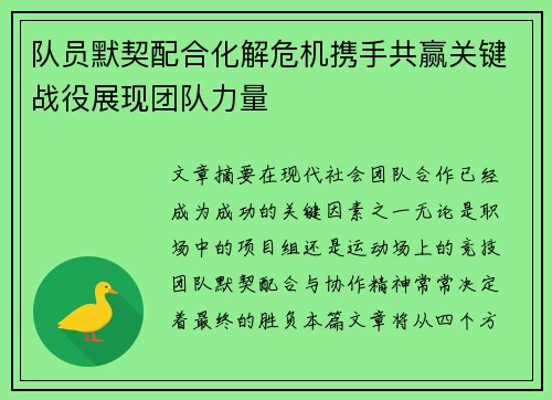 队员默契配合化解危机携手共赢关键战役展现团队力量