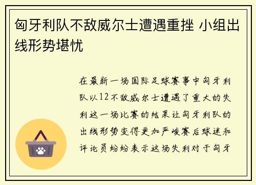 匈牙利队不敌威尔士遭遇重挫 小组出线形势堪忧