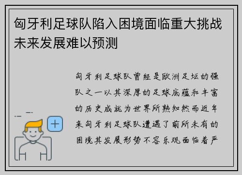 匈牙利足球队陷入困境面临重大挑战未来发展难以预测