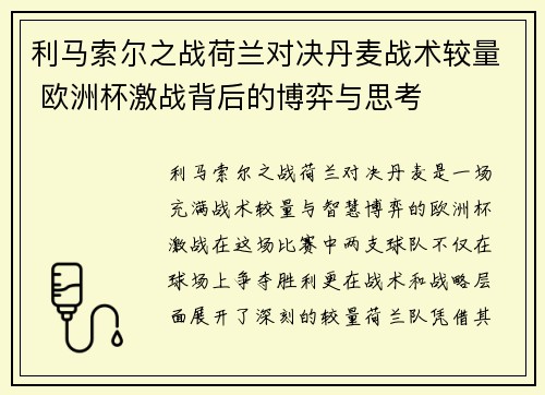 利马索尔之战荷兰对决丹麦战术较量 欧洲杯激战背后的博弈与思考