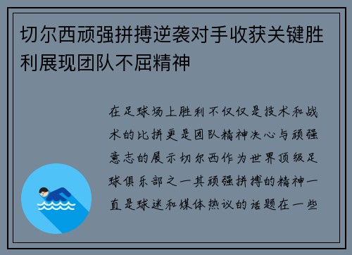 切尔西顽强拼搏逆袭对手收获关键胜利展现团队不屈精神